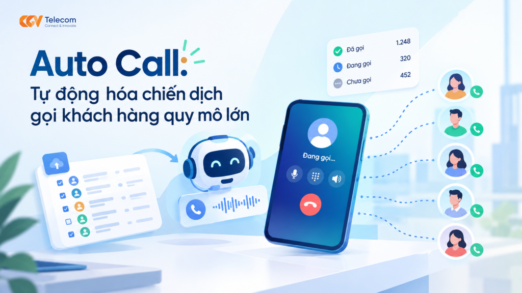 Auto Call giúp doanh nghiệp gọi tự động hàng loạt theo kịch bản, tối ưu chiến dịch CSKH quy mô lớn. Tìm hiểu giải pháp Auto Call từ CGV Telecom.
