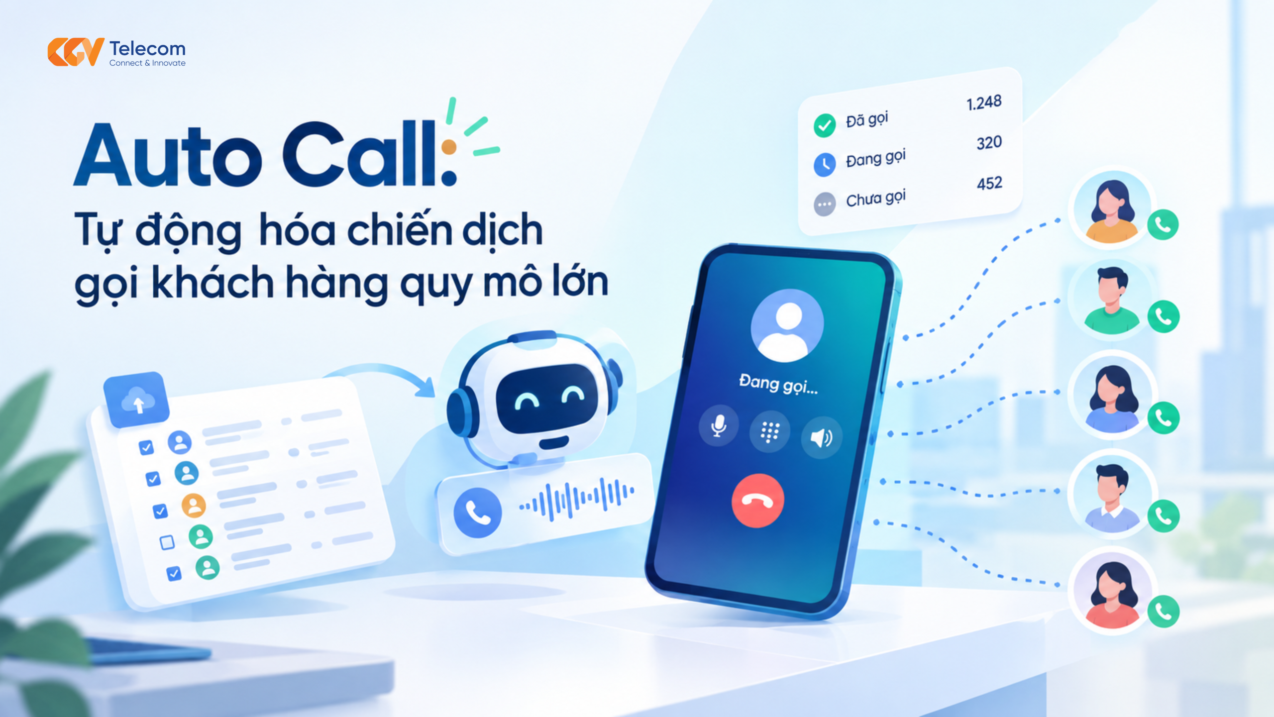 Auto Call giúp doanh nghiệp gọi tự động hàng loạt theo kịch bản, tối ưu chiến dịch CSKH quy mô lớn. Tìm hiểu giải pháp Auto Call từ CGV Telecom.