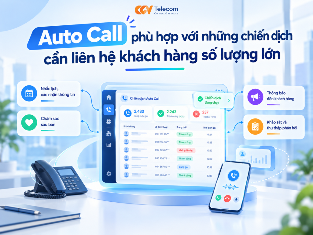 Với Auto Call, doanh nghiệp không cần để nhân viên thực hiện thủ công từng cuộc gọi. Danh sách khách hàng, nội dung và thời gian triển khai được thiết lập trước để hệ thống tự động thực hiện chiến dịch.